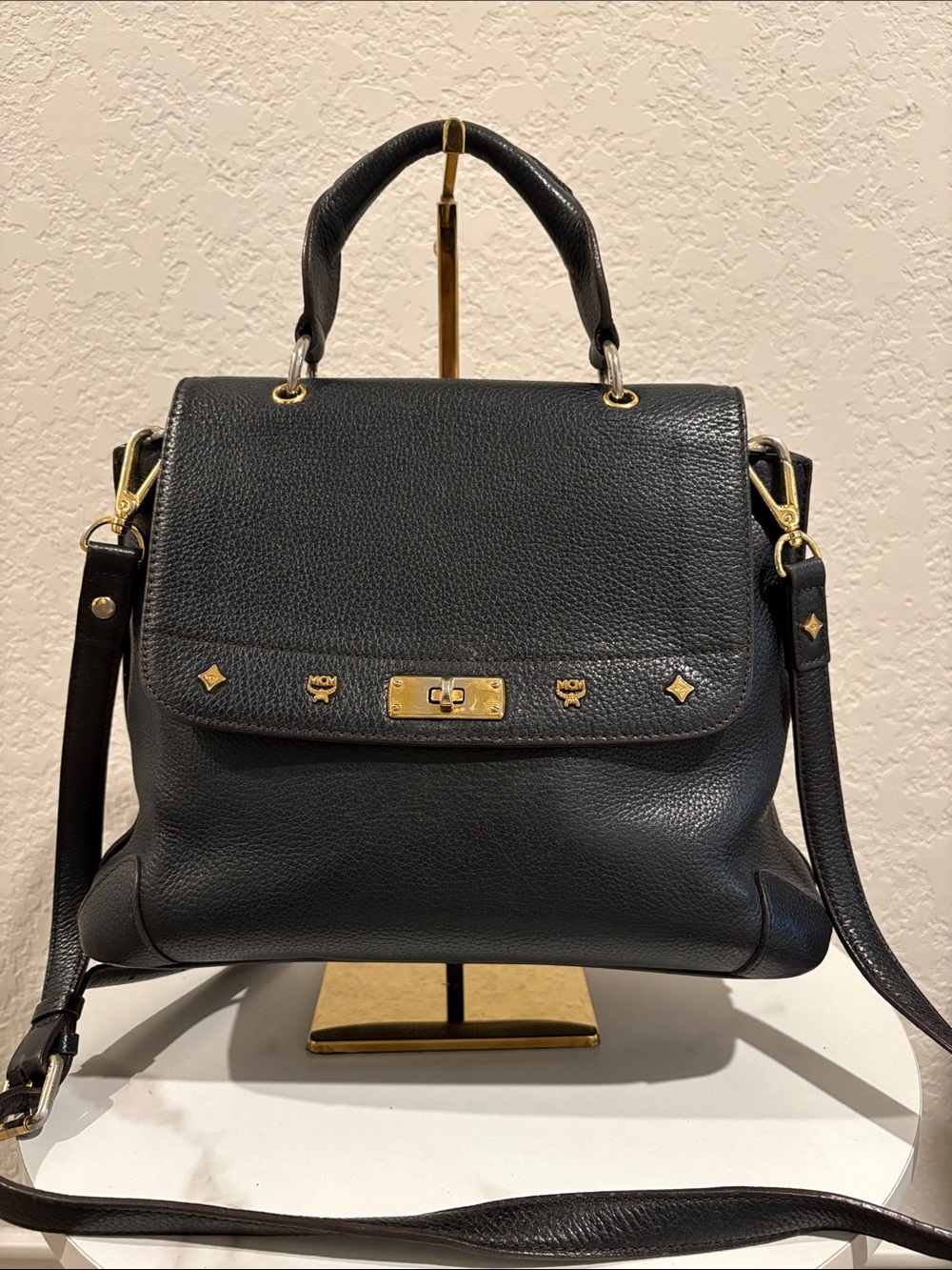 MCM Black Leather Top-Handle Shoulder Bag with Gold Hardware
